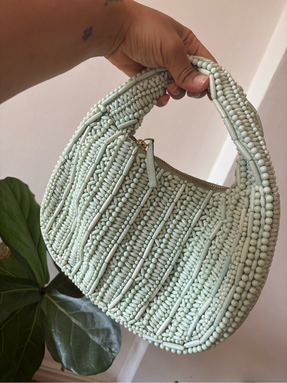 Hand-Beaded Crescent Handbag in Pale Mint / Turquoise